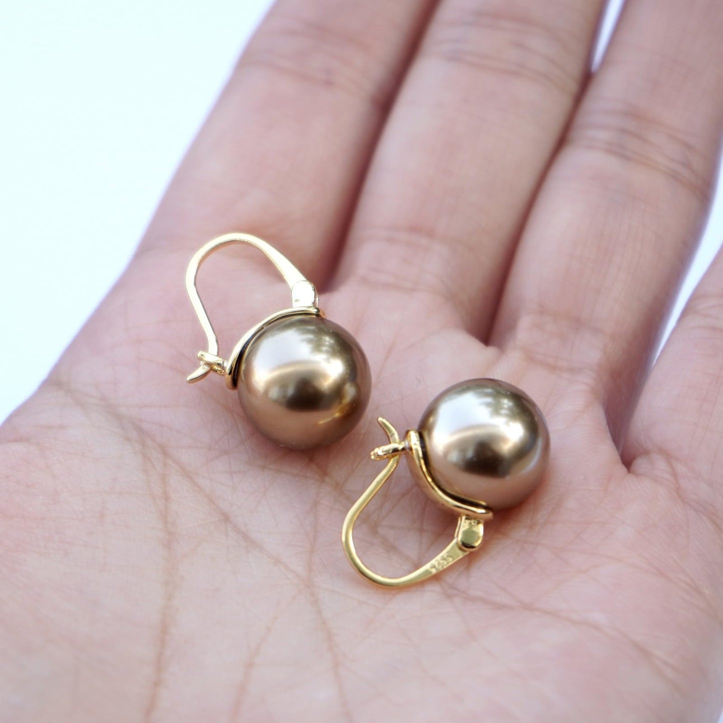 OwMell Elegant 925 Sterling Silver Pearl Drop Earrings Dangle Stud Gold Plated Earrings for Women Large Size 12mm - Champagne Gold