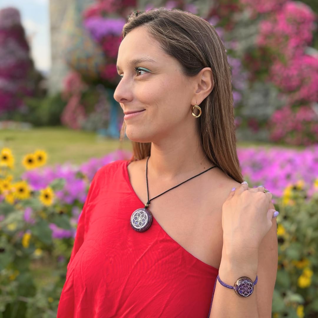 ARTE ORGONES & Design Orgone Necklace Seed of Life Healing Crystals Protection SBB Coil Copper Stone, Orgonite Pendant Amethyst Moonstone Rose Quartz, Yoga, Reiki, Handmade, Amulet