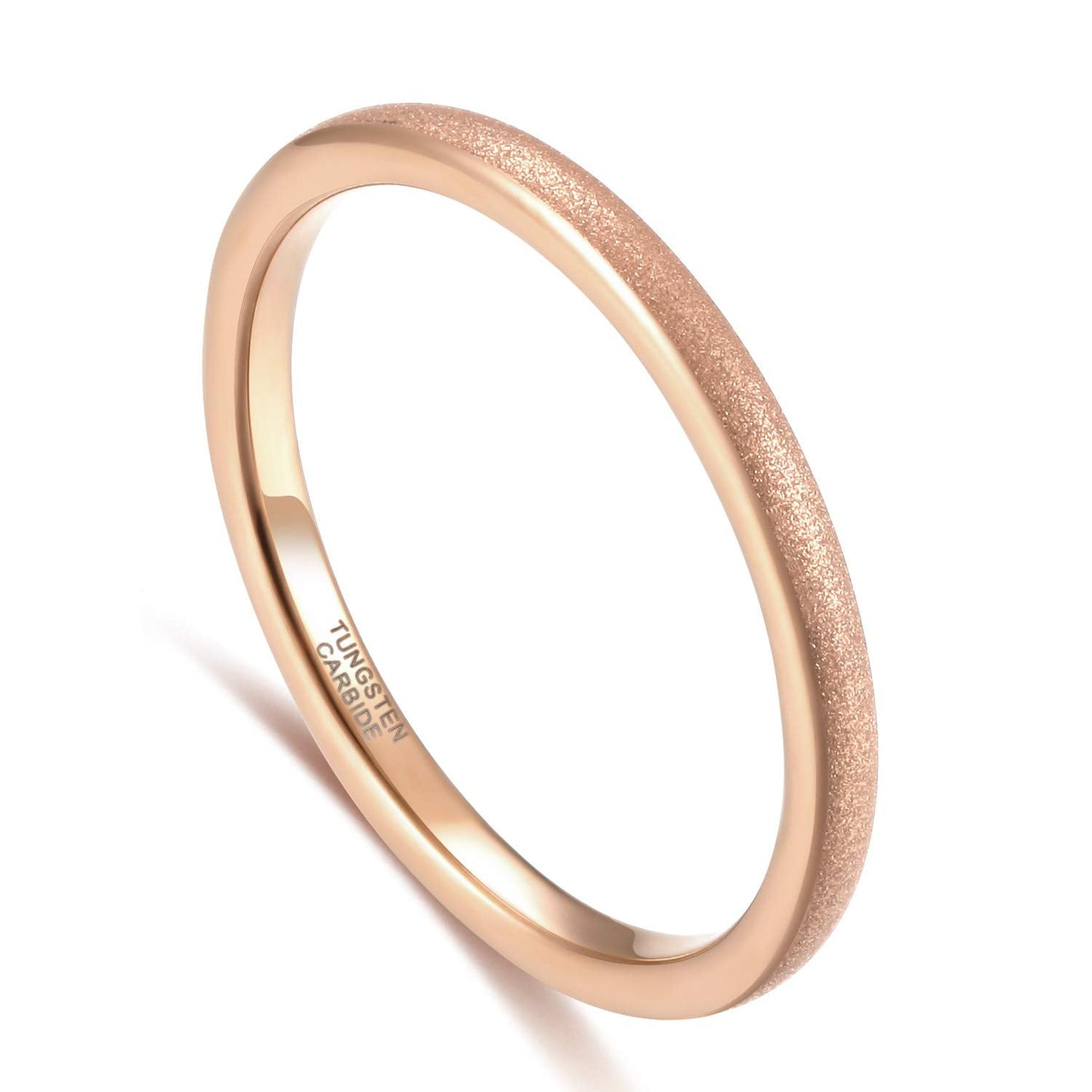 Greenpod 2mm Thin Rose Gold Plated Tungsten Ring for Women Dome Sandblasted Stackable Wedding Bands Comfort Fit Size 6