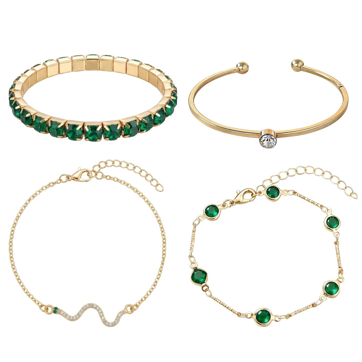 VEINARDYL Gold Birthstone Bracelets for Women, Green Birthstone Layered Jewelry Cuff Gold Plated Bangles, Open Adjustable Bracelets Fashion Accessories Jewelry Set for Mothers Day Gifts