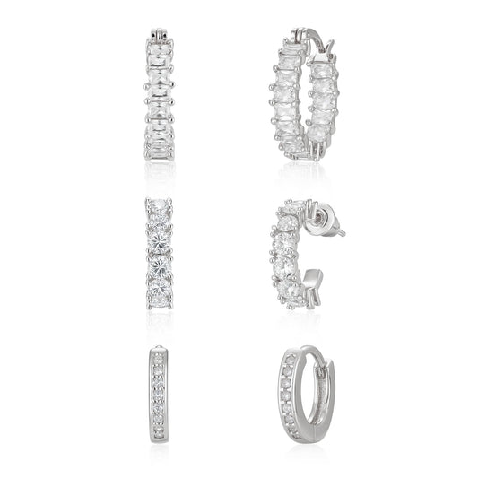 CAROVO 3 Pairs Silver Hoop Earrings for Women Trendy Dainty 14K Gold Plated Cubic Zirconia Huggie Hoop Earrings Stack for Multiple Piercing Jewelry