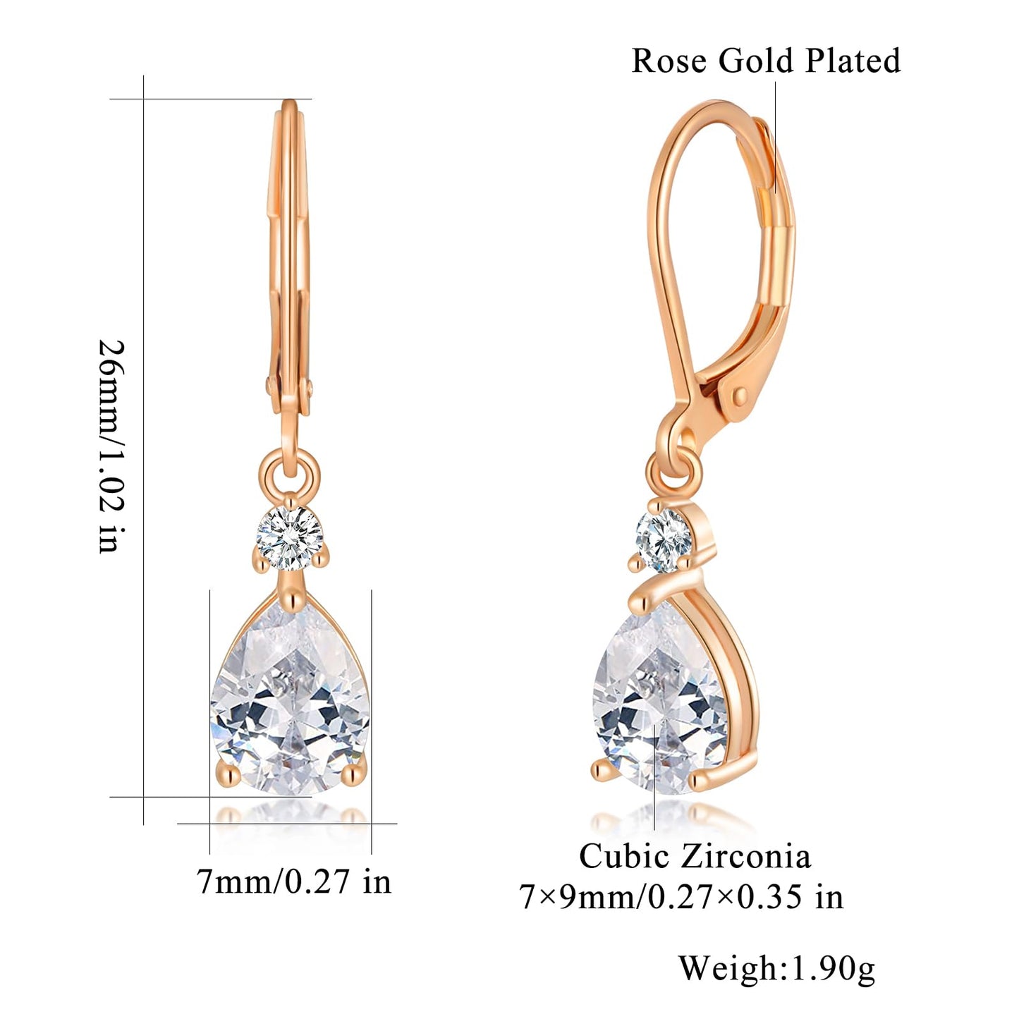 CiNily Leverback Dangle Earrings for Women 14K Rose Gold Plated Drop Earrings White Cubic Zircon Fashion Teardrop Hoop Earrings Hypoallergenic Jewelry for Her