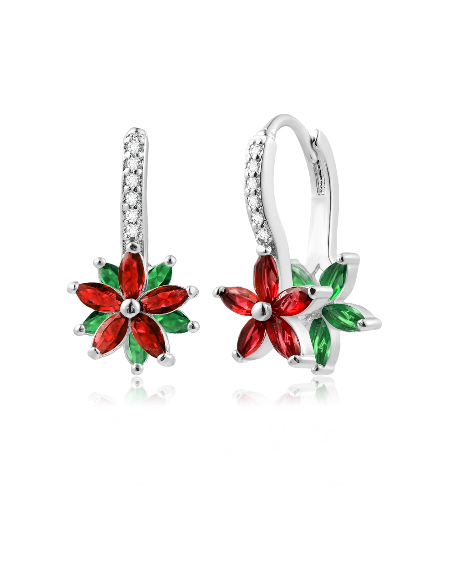 Watforsh 925 Sterling Silver Flower Earrings for Women Dangling Leverback Earrings with Red and Green Crystal Double Floral for Christmas Jewelry