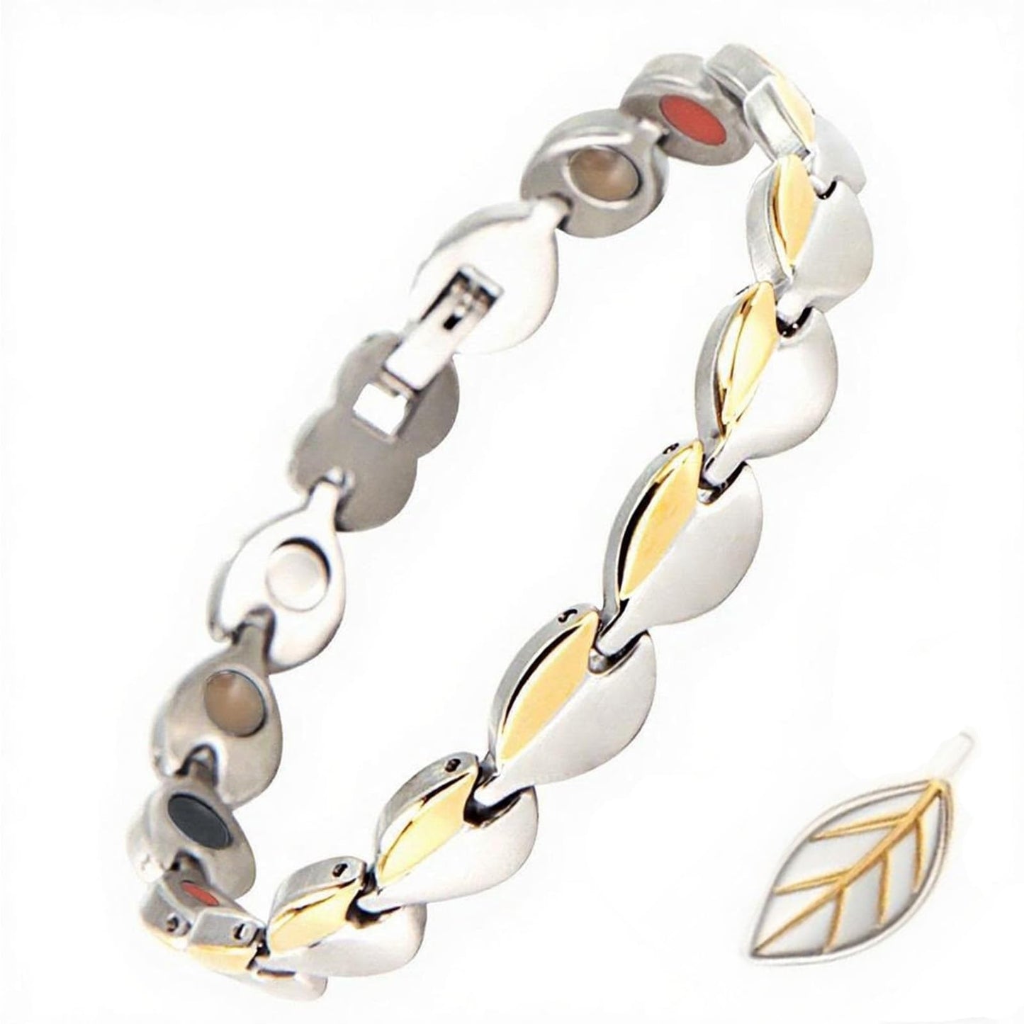KYOSI Magnetic Bracelets for Women Stainless Steel Womens Magnet Bracelet Leaf Shape Fashion Christmas Gift (Silver&Gold, 7.87 inches)