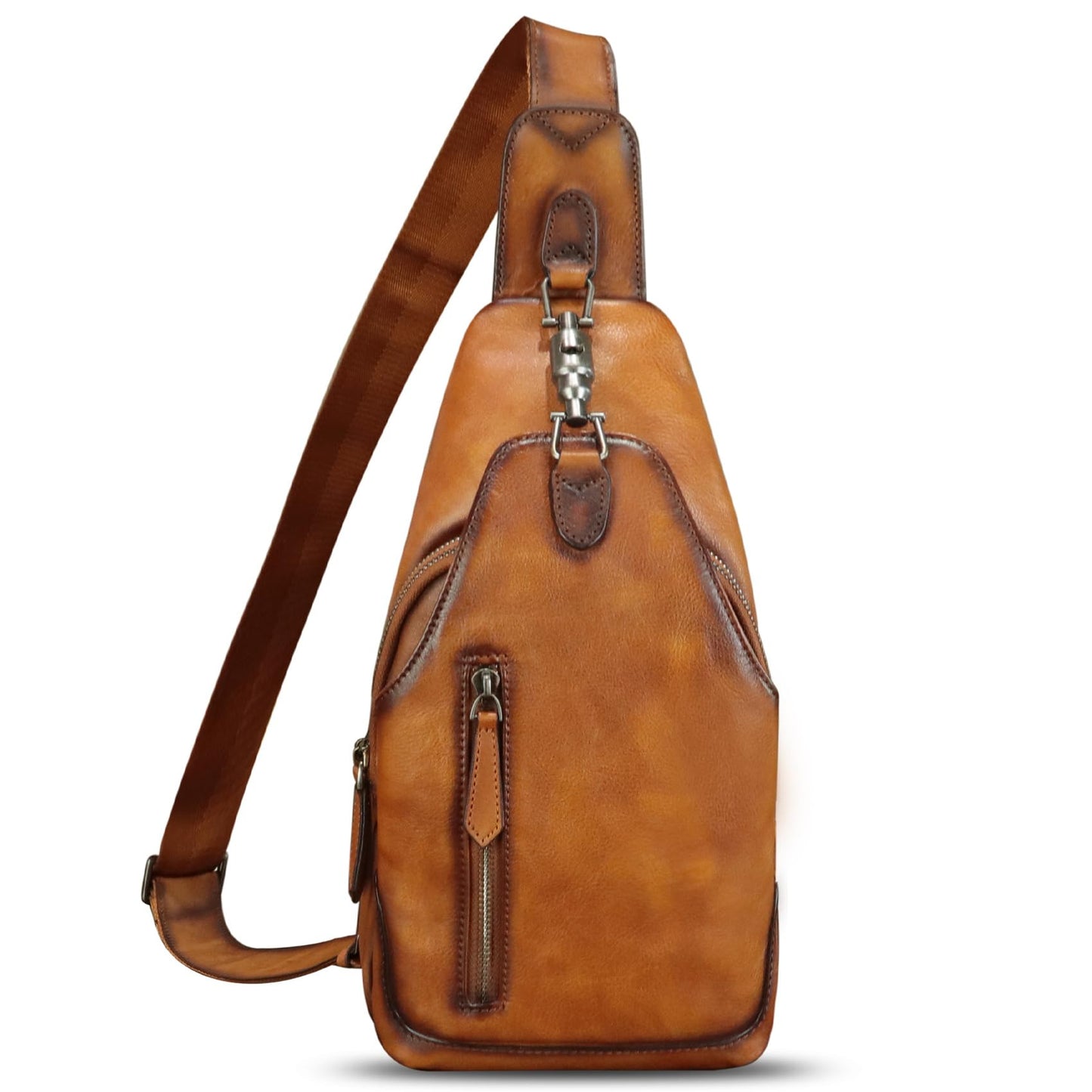 FEIGITOR Genuine Leather Sling Bag Retro Crossbody Sling Backpack Handmade Chest Shoulder Bag Daypack Purse Fanny Pack (Brown)