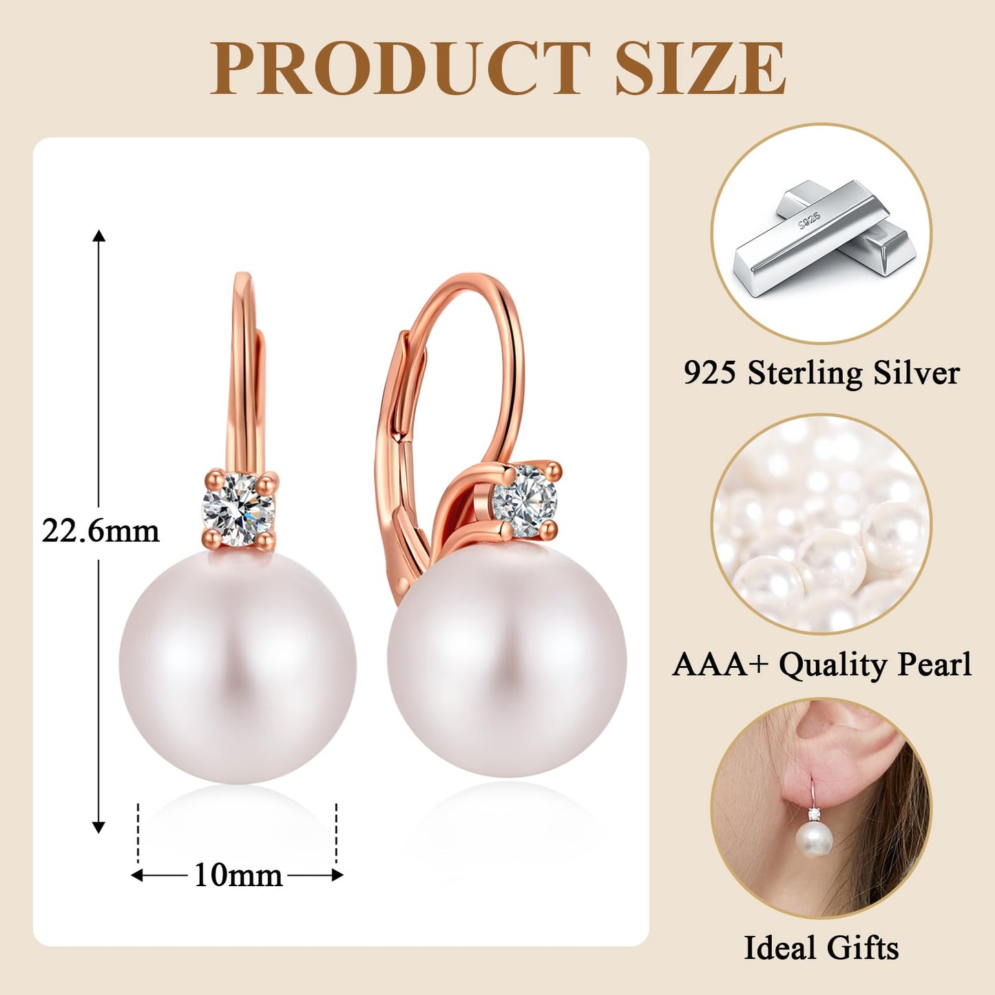 Pearl Dangle Drop Earrings for Women Sterling Silver Cubic Zirconia Leverback Earring 10mm Jiahanzb
