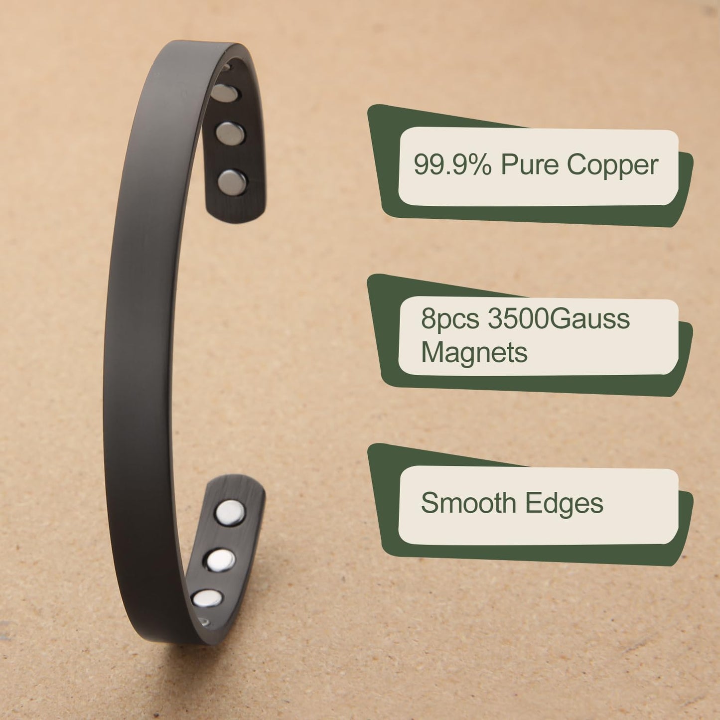 MagEnergy Copper Bracelet for Men and Women, 99.9% Pure Copper Magnetic Bangle with 8pcs 3500 Gauss Magnets, Adjustable Jewelry Gift (Gunmetal / 6.8 Inches)