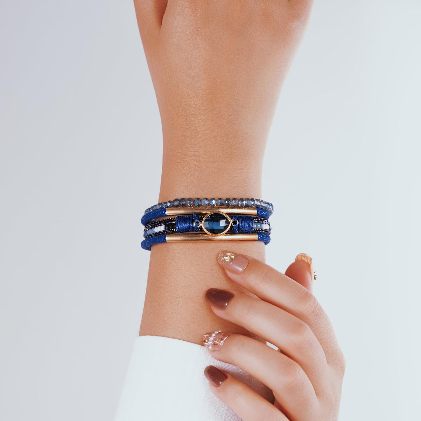 Becklynn Boho Leather Wrap Bracelets Beaded Crystal Stackable Cuff Bracelet with Magnetic Clasp Cowboy Cowgirl County Concert Outfits Western Jewelry Gifts for Women(Crystal Navy Blue)
