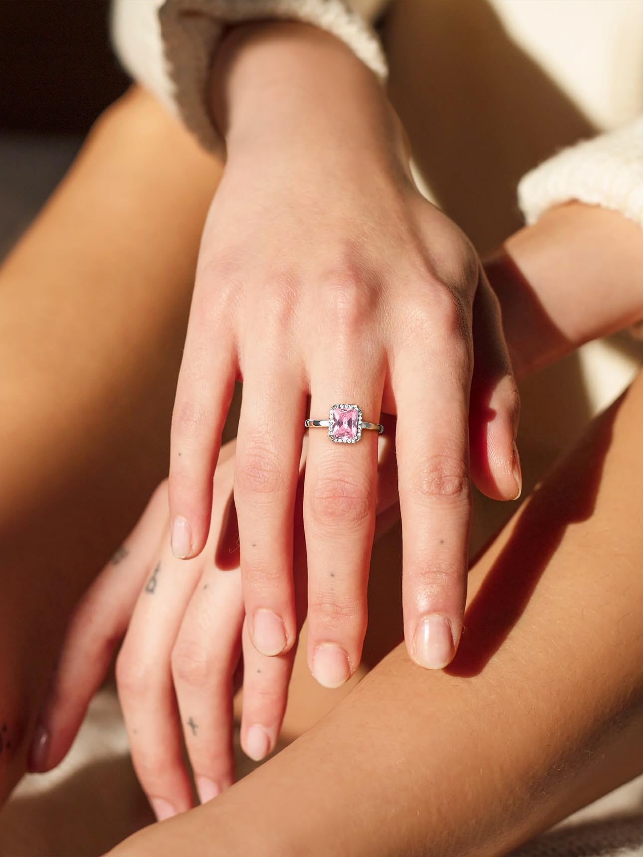 Bestyle Infinity Love Square October Pink Tourmaline Gemstone Rings with Sparkling CUbic Zirconia, Brilliant Love Square Diamond Halo Rings Statement Jewelry for Women