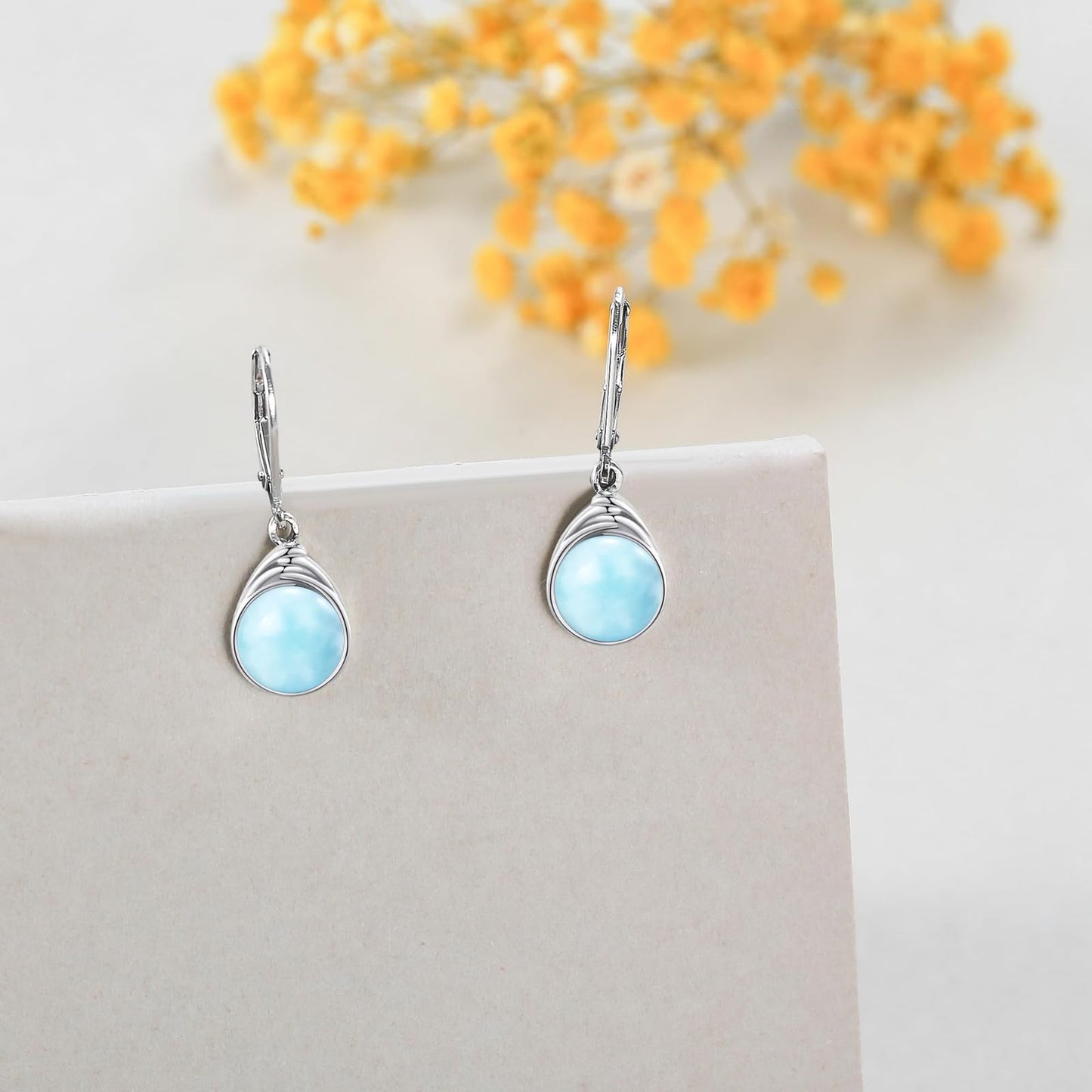 POPLYKE Larimar Earrings Dangle for Women 925 Sterling Silver Leverback Earrings Round Blue Larimar Jewelry Christmas Birthday