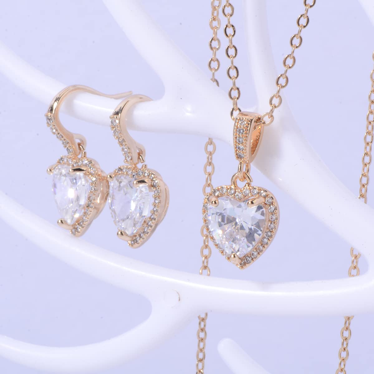 Mycitta Bridal Jewelry Set for Women - 925 Sterling Silver Dainty Small Love Heart Shape CZ Crystal Cubic Zirconia Rhinestone Necklace Earrings Set for Wedding Party Prom Gold Tone