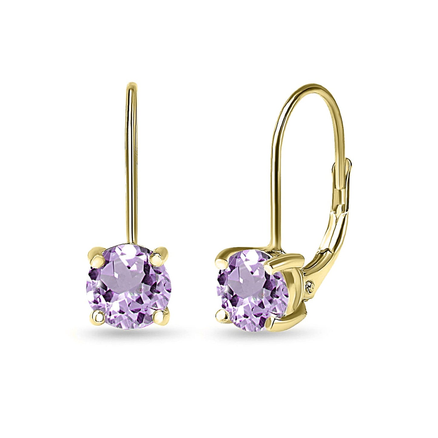 Purple Earrings for Women Yellow Flashed Sterling Silver 6mm Round Gold Leverback Drop Genuine Gemstone Birthstone Amethyst Earrings Fashion Bridesmaids