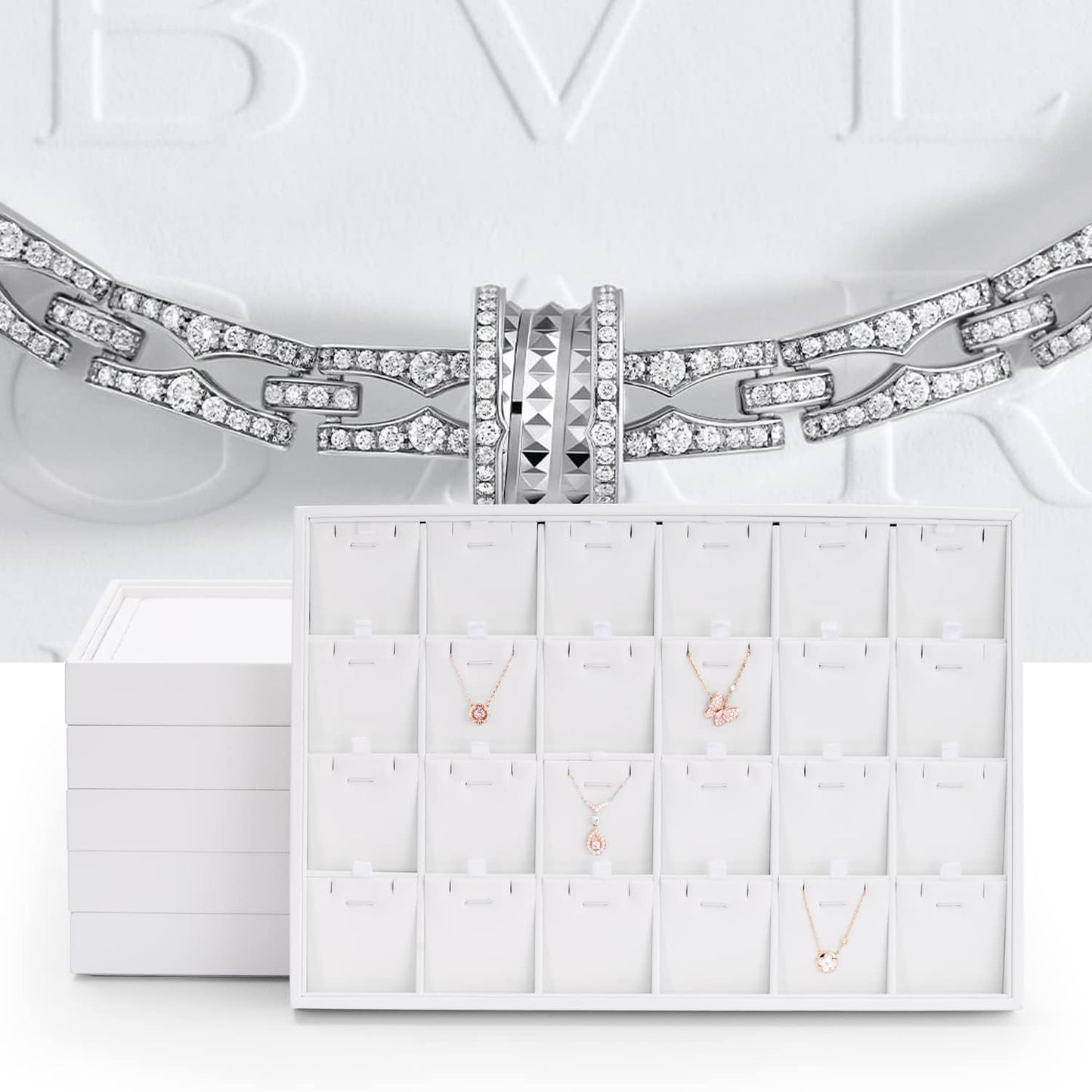 Oirlv Premium White Leather Stackable Jewelry Tray Flat Jewelry Organizer Tray for Jewelry Accessory Trade showcase