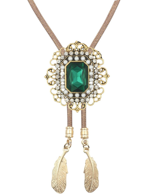 PEARLY JUN Bolo Tie for Men Women Rhinestone Emerald Gold Cowboy Brown Country Style Handmade Leather String Rodeo Festive Days Gifts