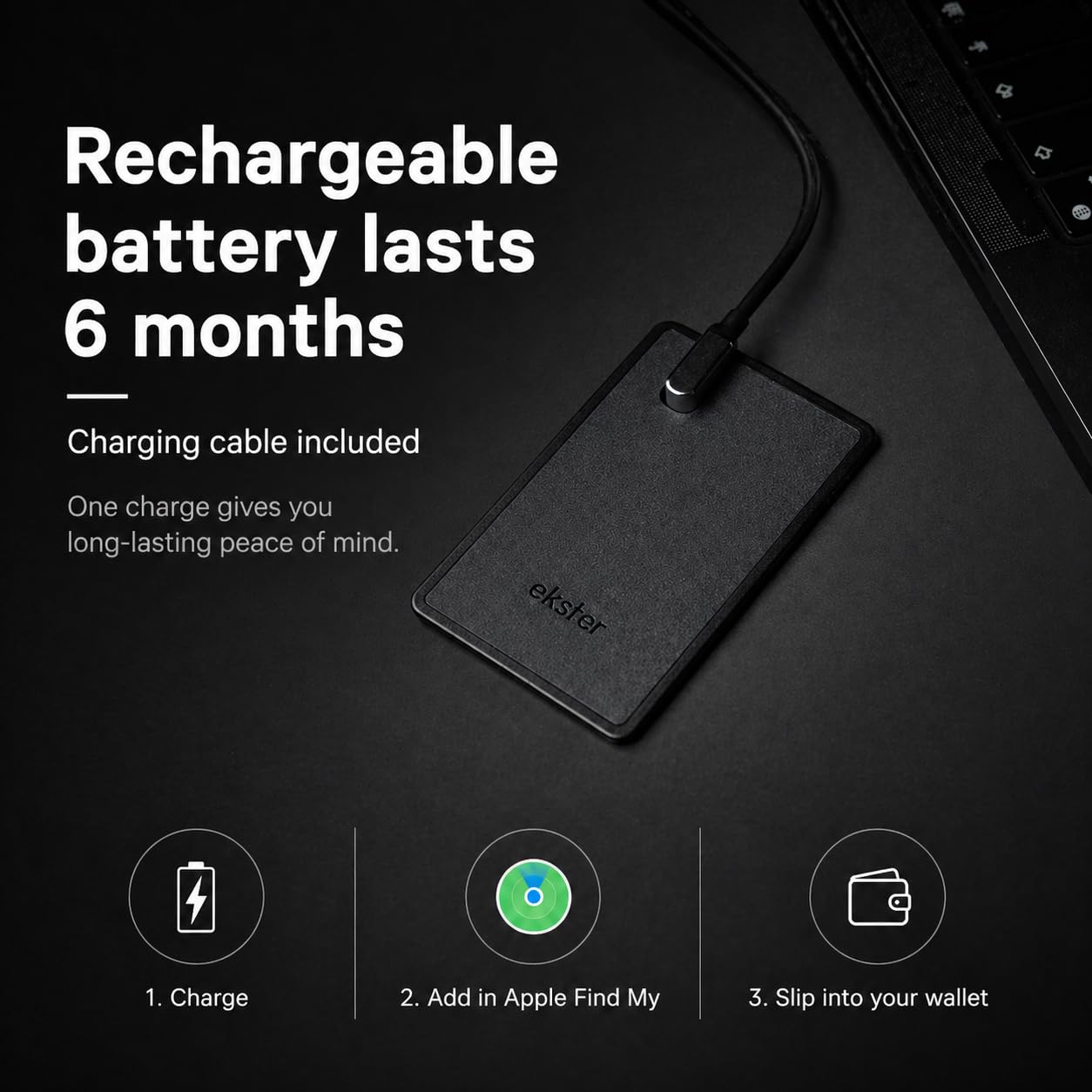 Ekster Finder Card Wallet Tracker, Rechargeable Bluetooth Tracking Card, Works with Apple Find My & Siri, Slim Credit Card-Sized Wallet Finder for Wallets, Bags & Gear