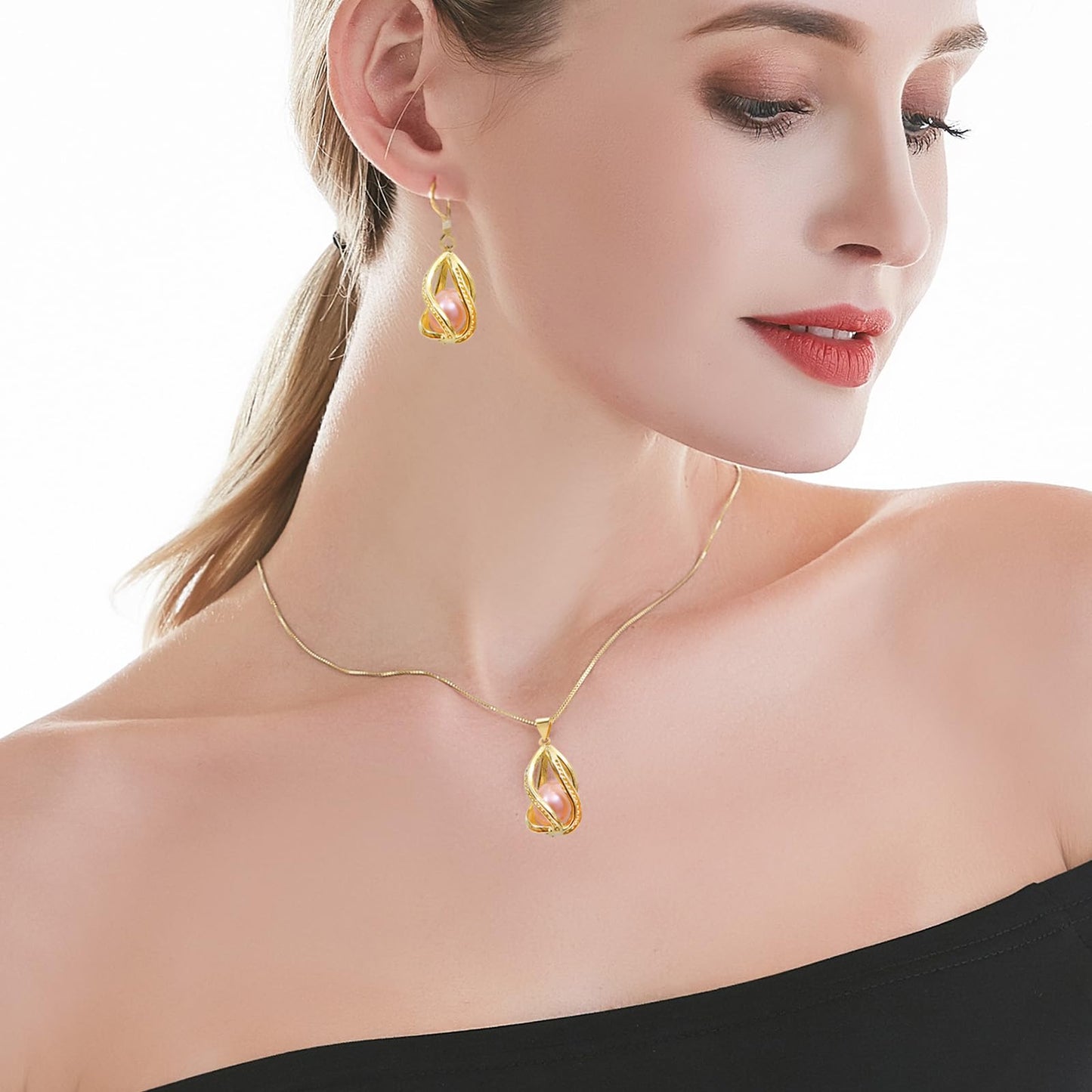 HENGSHENG Pearl Jewelry Set For Women 14K Gold Plated Necklace & Earrings Set Freshwater Pearl Pendant Cage Set for Wedding Anniversary Prom Birthday Gift - Golden Pink