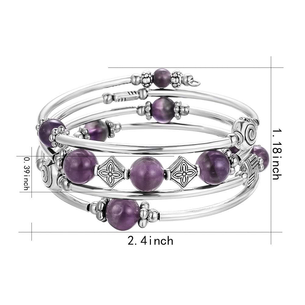 Beaded Pearl Bangle Wrap Bracelet - Fashion Bohemian Jewelry Multilayer Charm Bracelet with Thick Silver Metal Beads, Gift For Women(Purple)