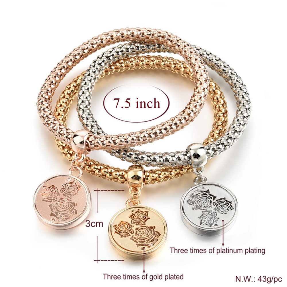 SILANER Crystal Charms Multilayer Bracelets - 3PCS Gold/Silver/Rose Gold Corn Chain Bracelet for Women, Tree of Life Heart Shaped Stretch Bracelet