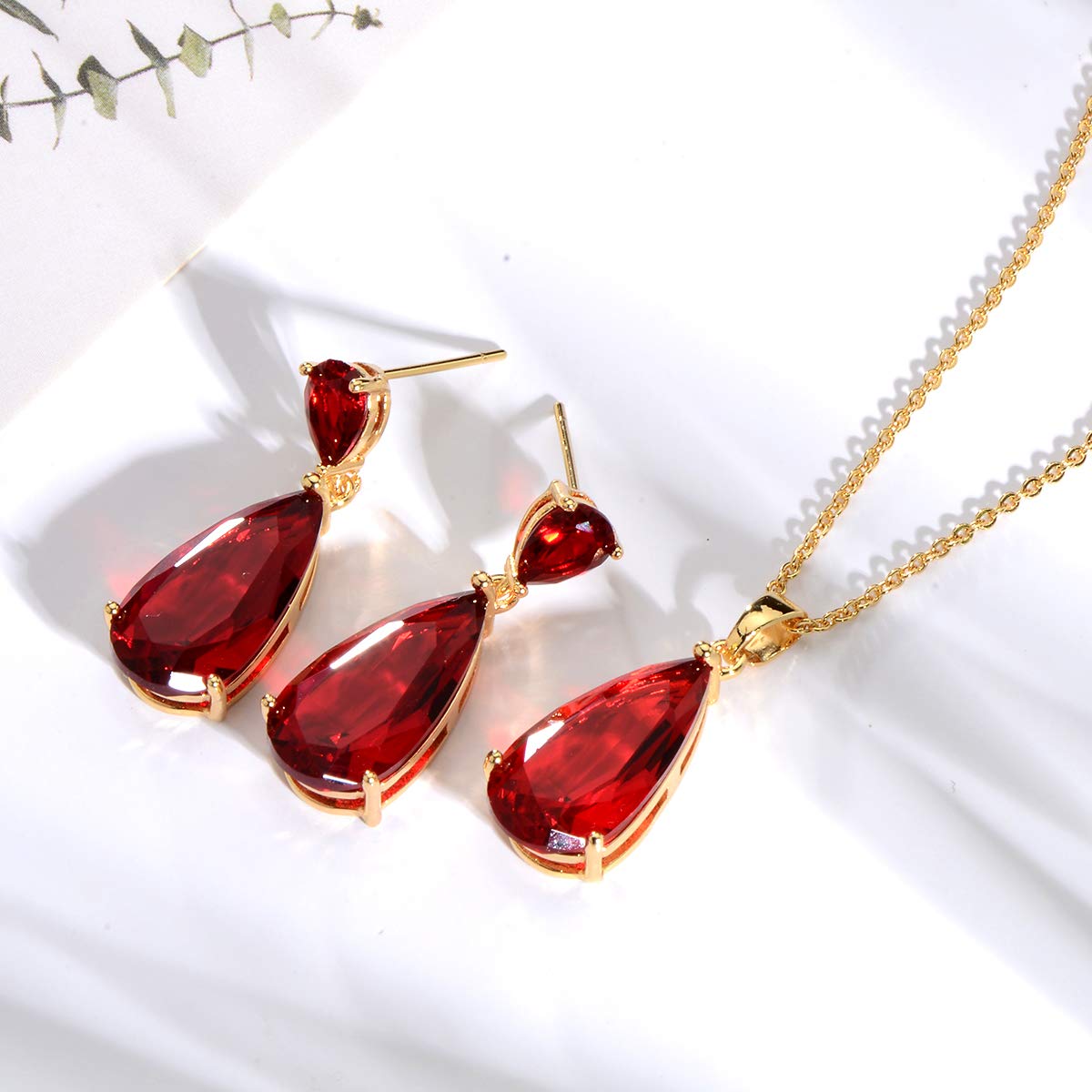 Mycitta Bridal Jewelry Set for Wedding - 18k Gold Plated Red Ruby Teardrop Cubic Zirconia Crystal CZ Drop Earrings and Pendant Necklace Set for Mother of Bride Prom Party Formal Women