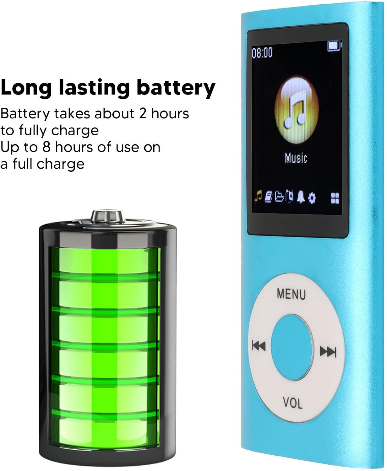 MP3 64G 1.8 8h Player, Stylish Portable Lossless Sound Music Player with Earphones, Support Memory Card, Sleep