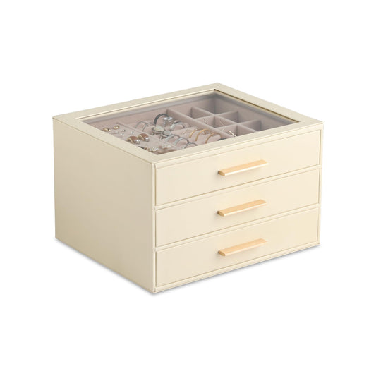 Frebeauty Clear Lid Jewelry Box,3-Layer Jewelry Organizer with Drawer,PU Leather Jewelry Organizers and Storage,Jewelry Boxes for Women,Jewelry Storage for Rings Earring Stud,Gift for Women(Beige)