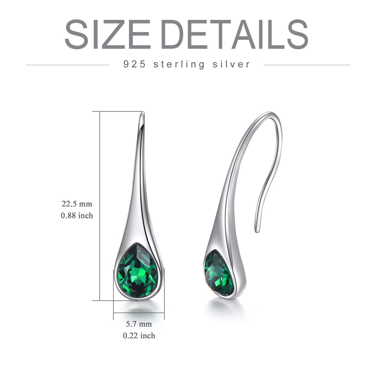 May Birthstone Emerald Earrings Sterling Silver Teardrop Dangle Drop Hook Earrings Women Pull Through Earrings Birthday Mother's Day Jewelry