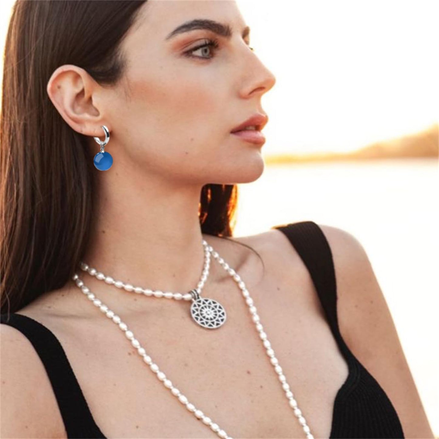 QLYOVWE Handmade Jade Earrings Basic Gemstone Round 12MM Bead Ball Drop Dangle Earrings Rose Quartz Stone Natural Agate Bead Jade Drop Earrings for Women (Blue)