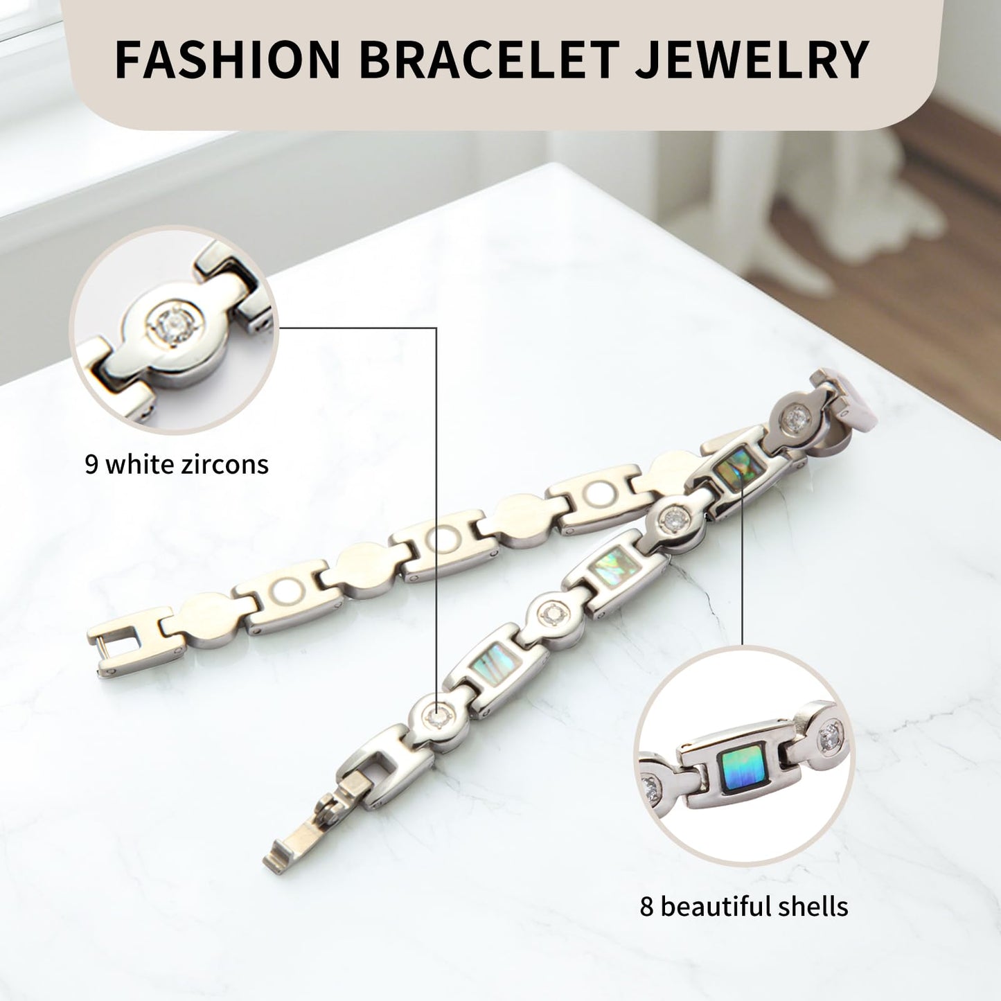 KYOSI Magnetic Bracelets for Women 3500 Gauss Magnet Fashion Zircon and Shell Womens Stainless Steel Bracelet Jewelry 7.48 inches