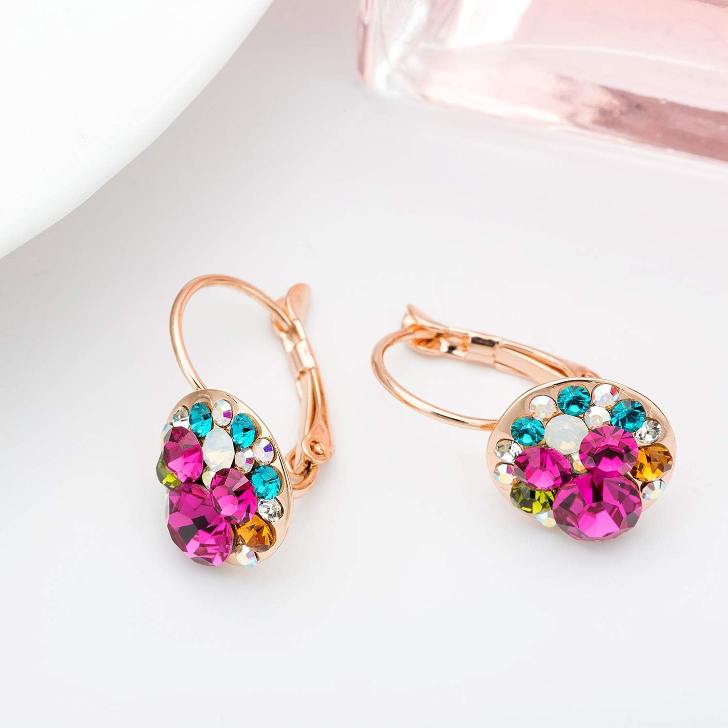 Multicolored Austrian Crystal Drop Earrings for Women 14K Gold Plated Leverback Dangle Hoop Earrings (Rose Main Crystal/Rose Gold-tone)