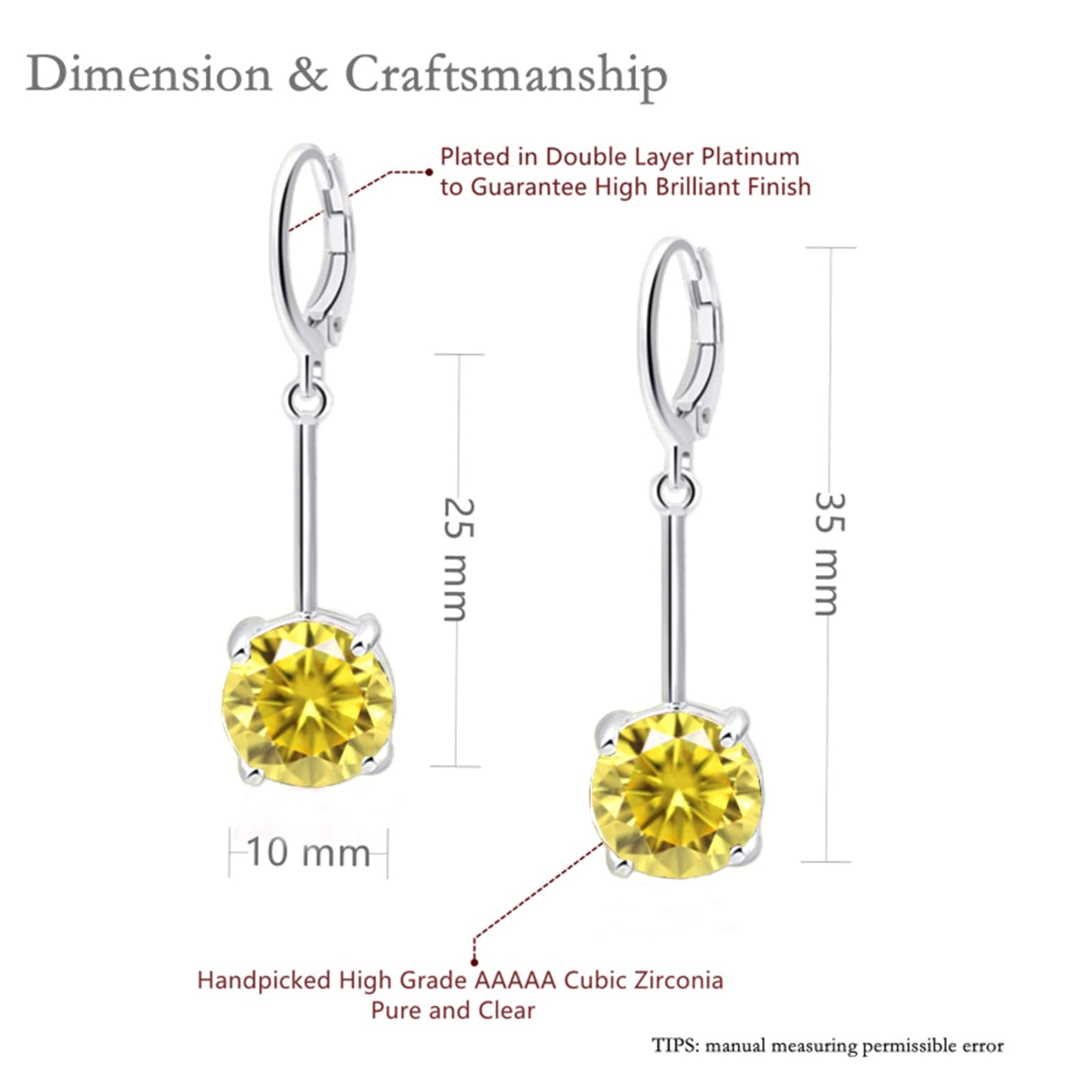 VONSSY Gemstone Drop Dangle Earrings | Platinum/Gold Plated Leverback Crystal Cubic Zirconia Hanging Red/Pink/Blue Earrings (Yellow-Platinum)