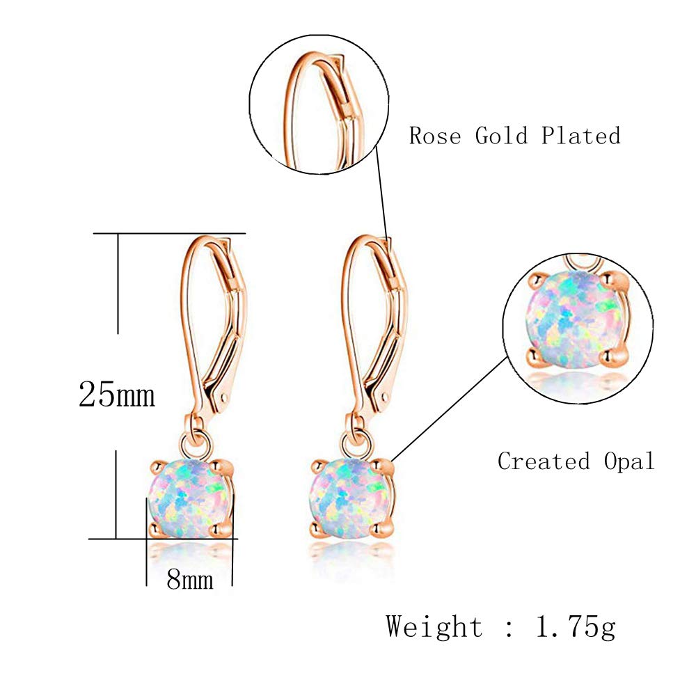 CiNily Rose Gold Plated Opal Drop Earrings,Leverback Hypoallergenic Dangle Earrings for Women Round-Cut Gemstone Opal Jewlery Gift