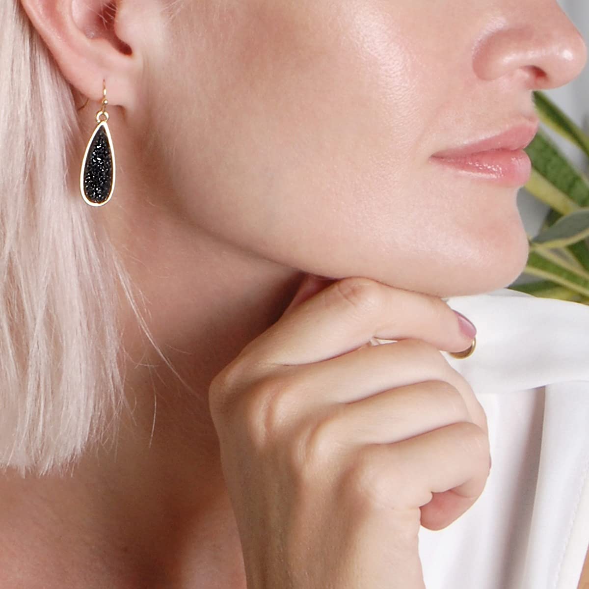 Simulated Druzy Drop Dangles - Sparkly Long Teardrop Dangly Earrings for Women, Gold Tone - Black Stone