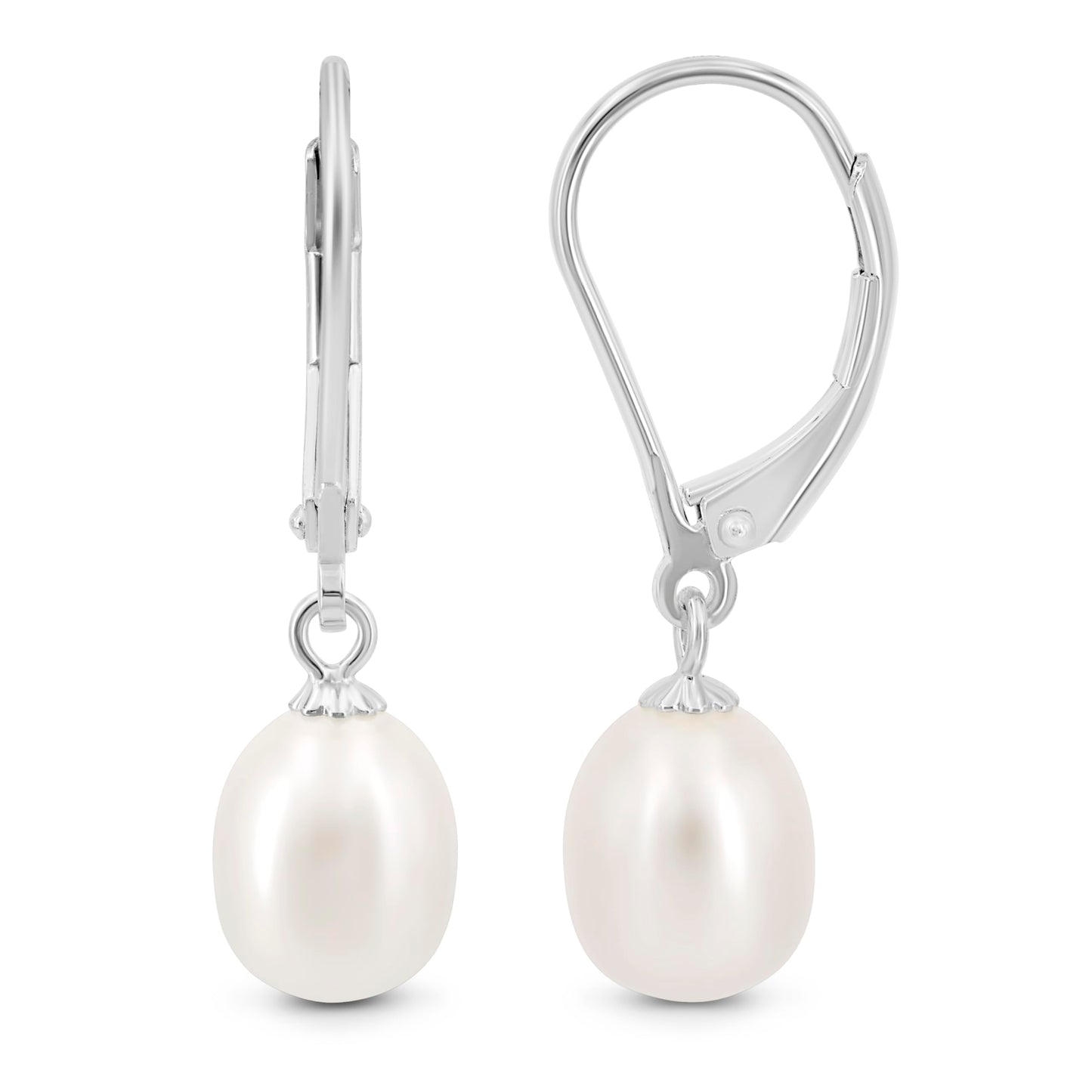 KEZEF Freshwater Cultured Pearl Drop Earrings, 14k White Gold Plated Sterling Silver, 7-8mm Dangle Earrings, Leverback, Hypoallergenic for Women, White Pearl Earrings
