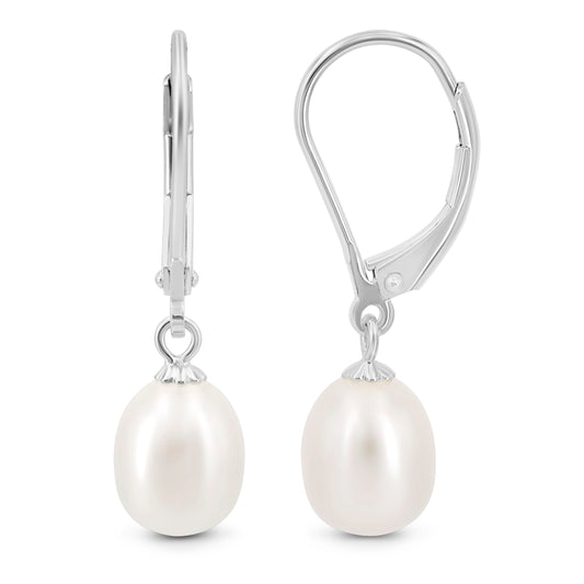 KEZEF Freshwater Cultured Pearl Drop Earrings, 14k White Gold Plated Sterling Silver, 7-8mm Dangle Earrings, Leverback, Hypoallergenic for Women, White Pearl Earrings