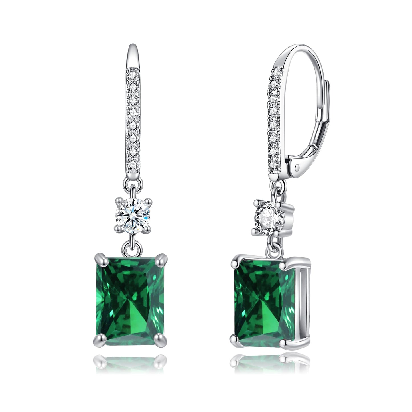 CiNily Leverback Earrings for Women Rectangular-cut Drop Dangle Earrings Hypoallergenic, 14K White Gold Plated Emerald Green Cubic Zircon Earrings Diamond Dangle Earrings Jewelry Birthday