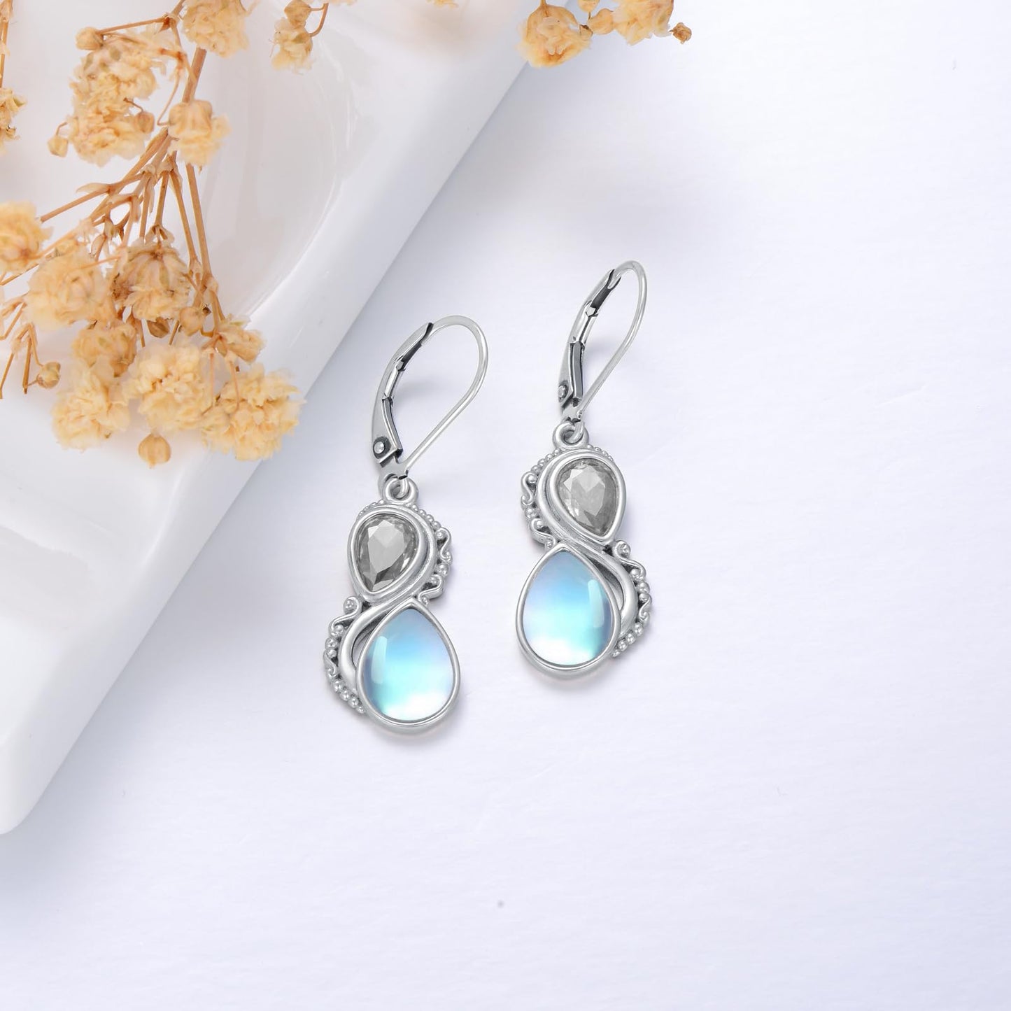 Moonstone Earrings 925 Sterling Silver Vintage Dangle Drop Leverback Earrings with Clear White April Birthstone Jewelry Gifts for Women