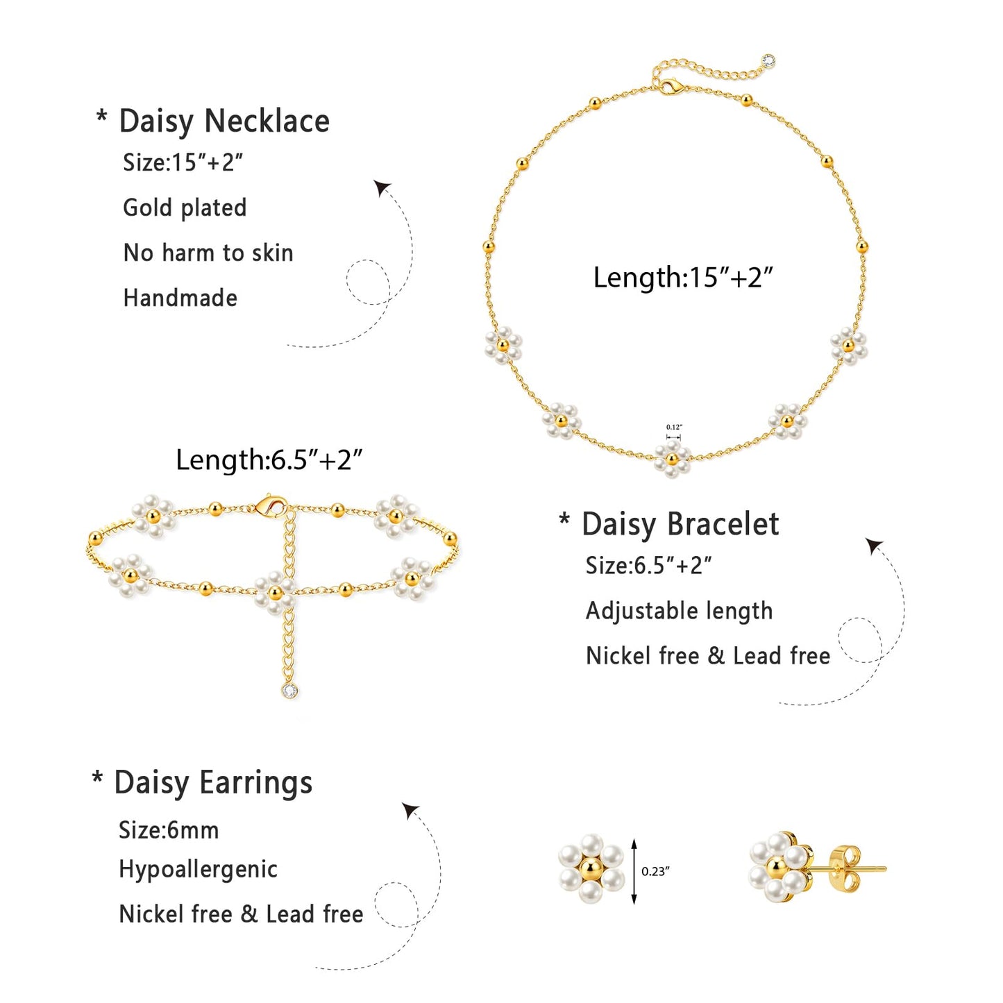 Zeffy Gold Daisy Pearl Necklace and Earring Set with Pearls Stud Earrings Bracelets 14K Gold Plated Flower Choker Necklace Wedding Bride Daisy Jewelry Trendy Gift