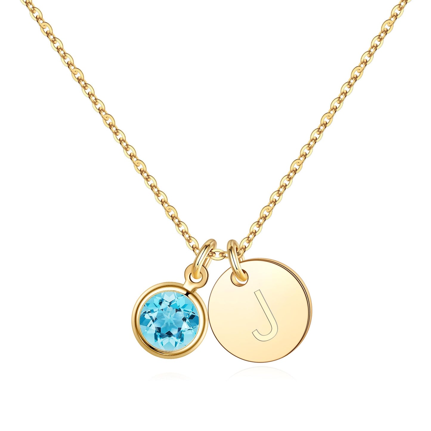 Hidepoo Initial Birthstone Necklace Gifts - Personalized Mothers Day Birthday Gift for Woman Wife Sister Grandma Mom, March Aquamarine Birthstone Jewelry for Women, Disc Letter J Necklaces