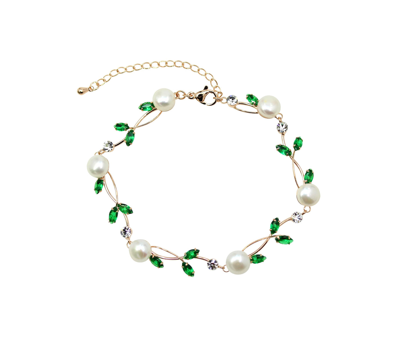 Faship Green CZ Crystal Genuine Freshwater Pearls Floral Bracelet 7.5" - 9.5" - Green/Rose Gold Plated/Matching Bracelet