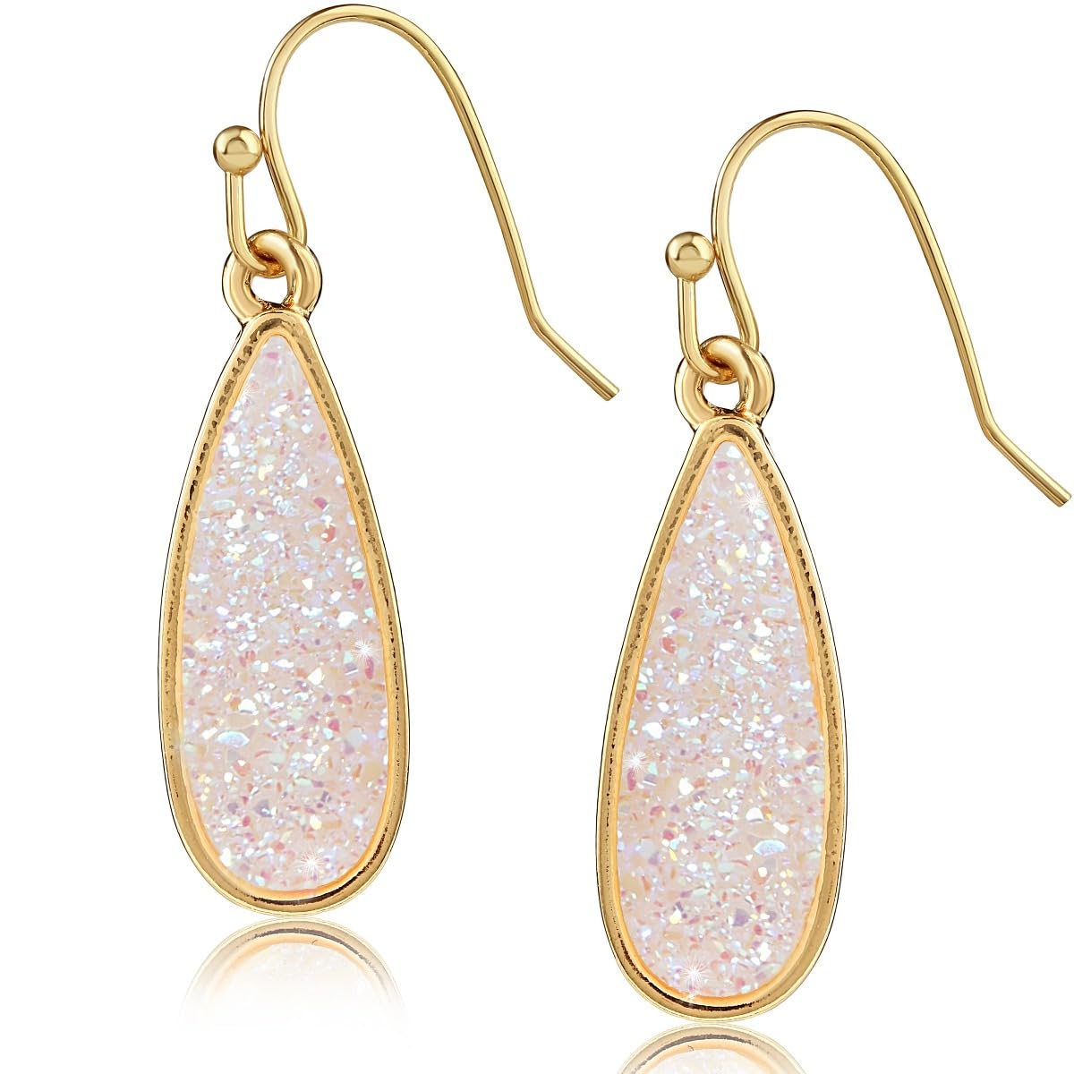 Simulated Druzy Drop Dangles - Gold Tone Sparkly Long Teardrop Dangly Earrings for Women, Gold Tone - White Created Opal