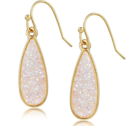Simulated Druzy Drop Dangles - Gold Tone Sparkly Long Teardrop Dangly Earrings for Women, Gold Tone - White Created Opal