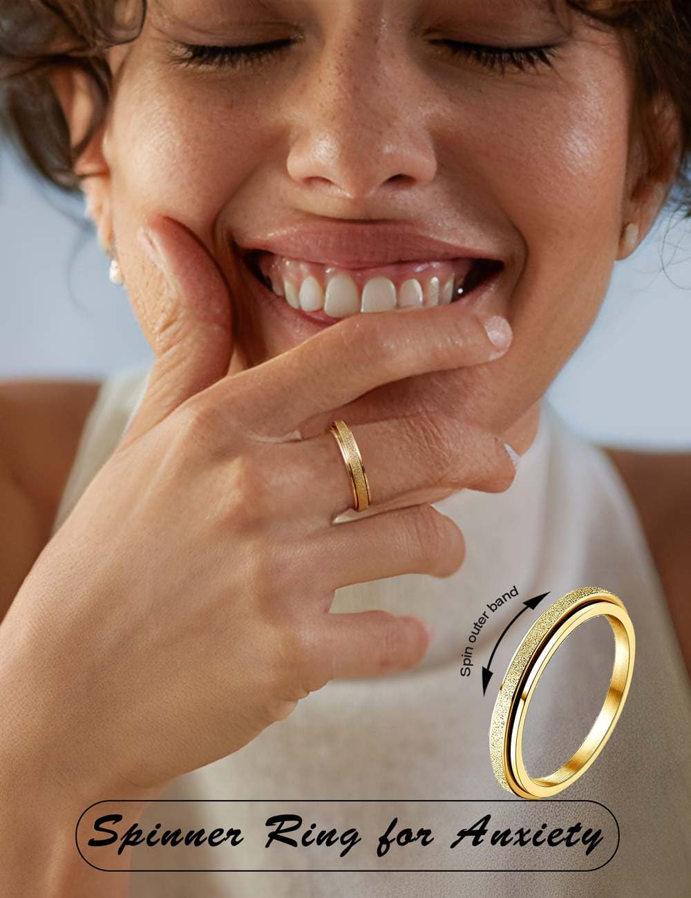 Diamday Fidget Rings for Women Men - 2mm Gold Spinner Stainless Steel Ring for Anxiety Stress Relief Glitter Sandblast Spinning Figit Anxiety Jewelry for Wedding Promise Size 9