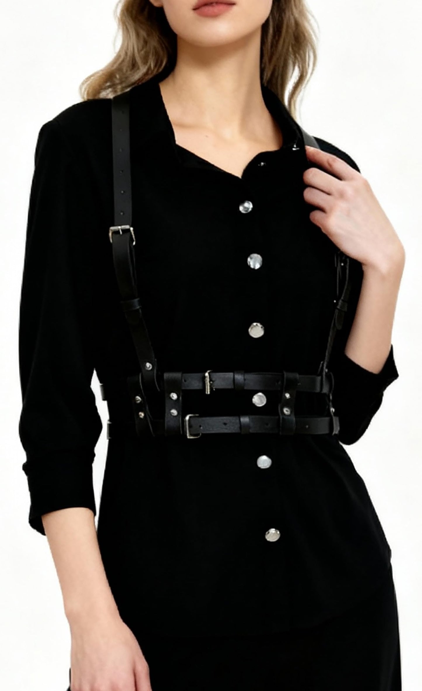 Women Adjustable Faux Leather Harness Belt Punk Fashion Waist Belt with Alloy Buckles Layered Outfit for Dresses Shirts Blazers Street(Waist 30.9-37.6in)