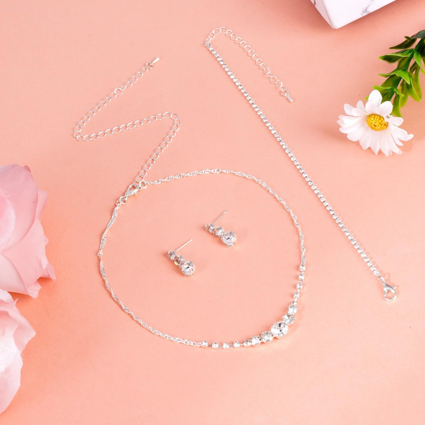 Jmkcoz Women Jewelry Set Silver Necklace Earrings Bracelet Rhinestone Crystal Bridal Wedding Jewelry Sets for Brides Bridesmaid Wedding Party (Style 8)