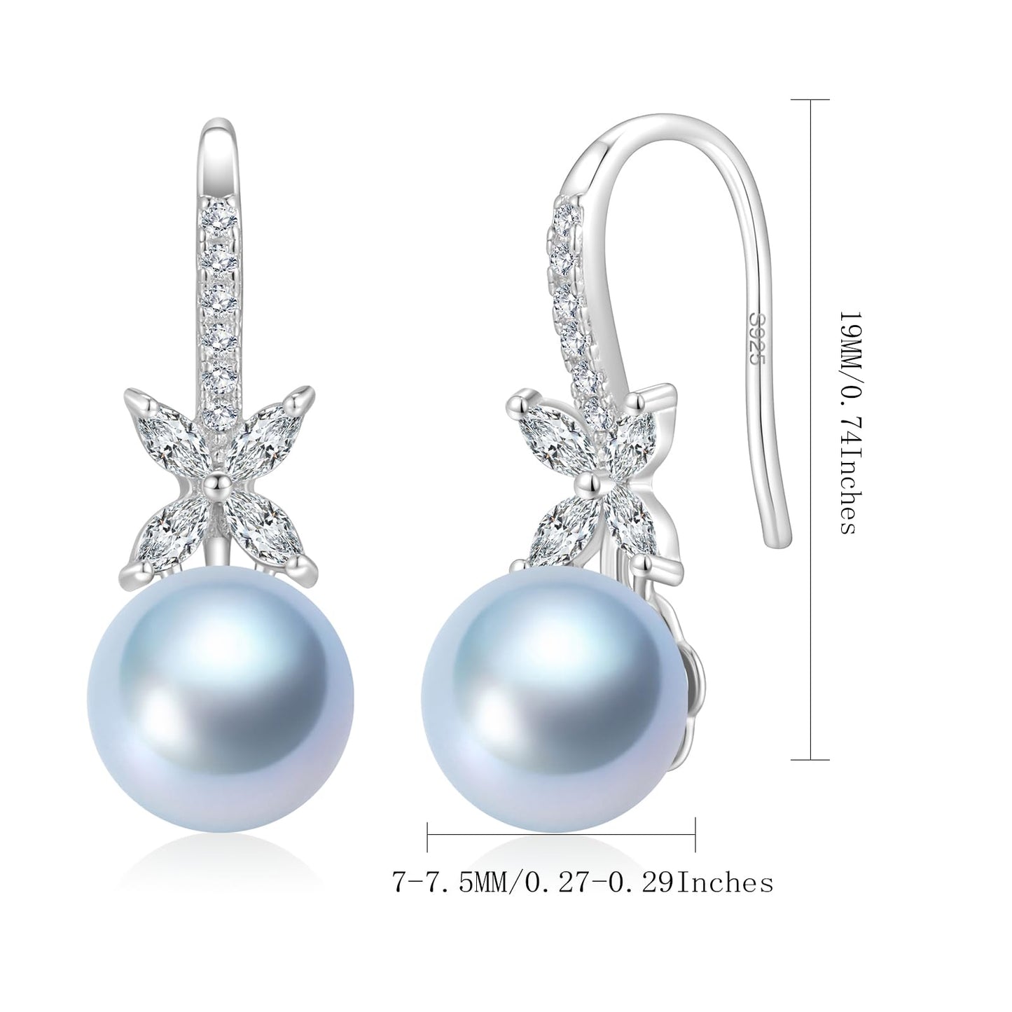 BAMIKI Pearl Drop Earrings for Women - 925 Sterling Silver 18k Gold Plated Hypoallergenic Round Blue Saltwater Cultured Pearls Ear Hook Earrings with Cubic Zirconia Jewelry Gifts for Mother Wife