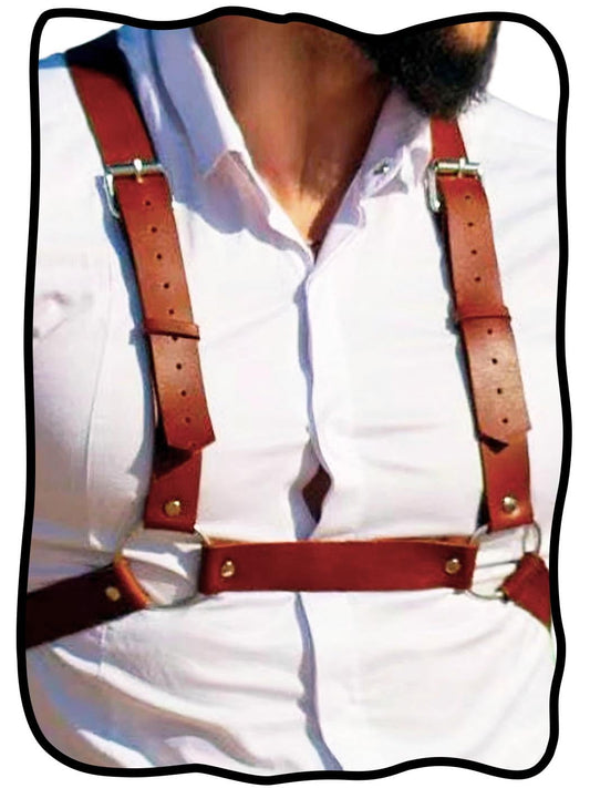 Fstrend Men's Mardi Gras Chest Harness, Brown Faux Leather Shoulder Belt Strap, Fashion Rave Outfits Body Accessory