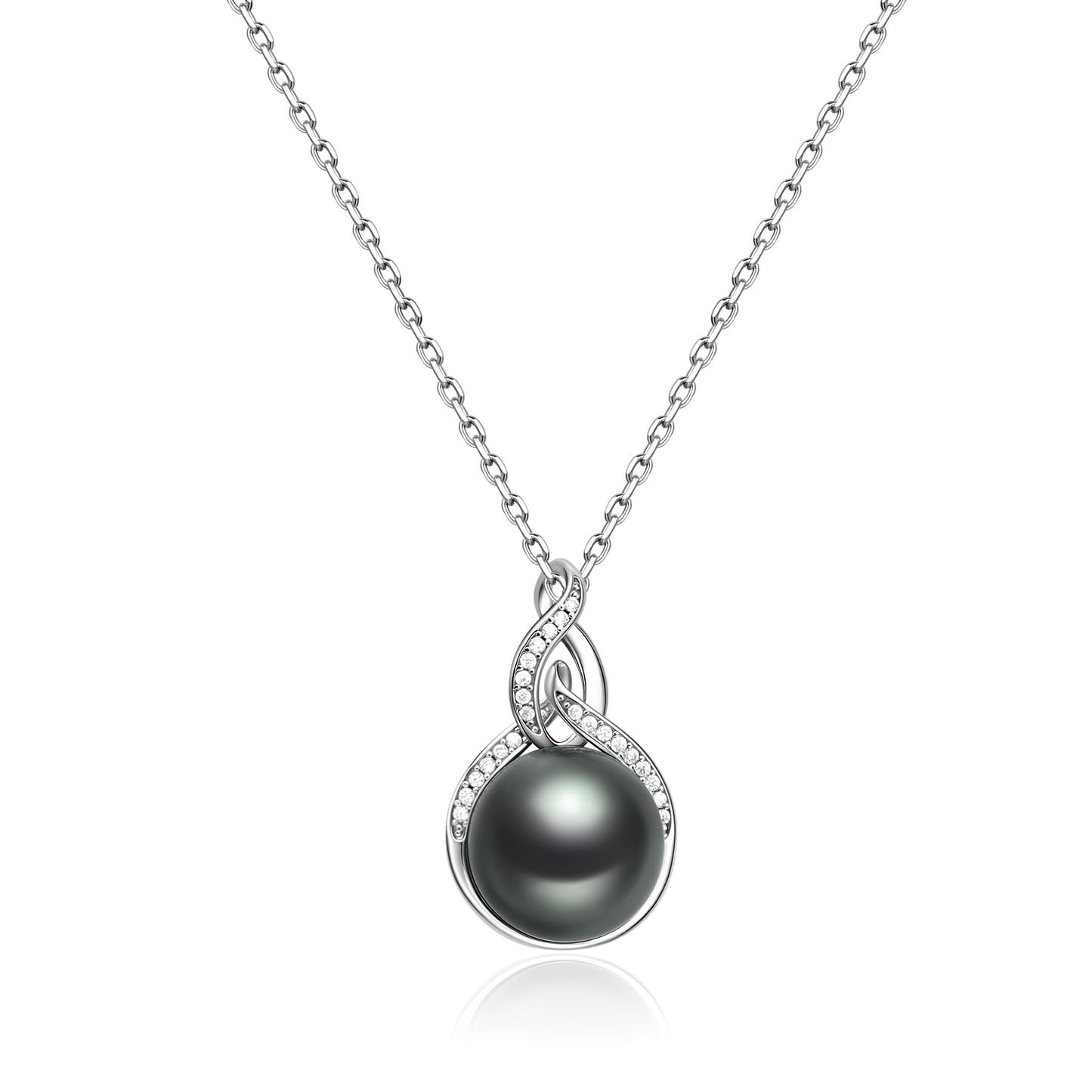 Gift for Women Wife Natural Tahitian Black Pearl Necklace Sterling Silver Nautilus Kiss 9-10MM Black Pearl Luxury Jewelry Gift for Women, Mother, Wife, 16"+2" Inches