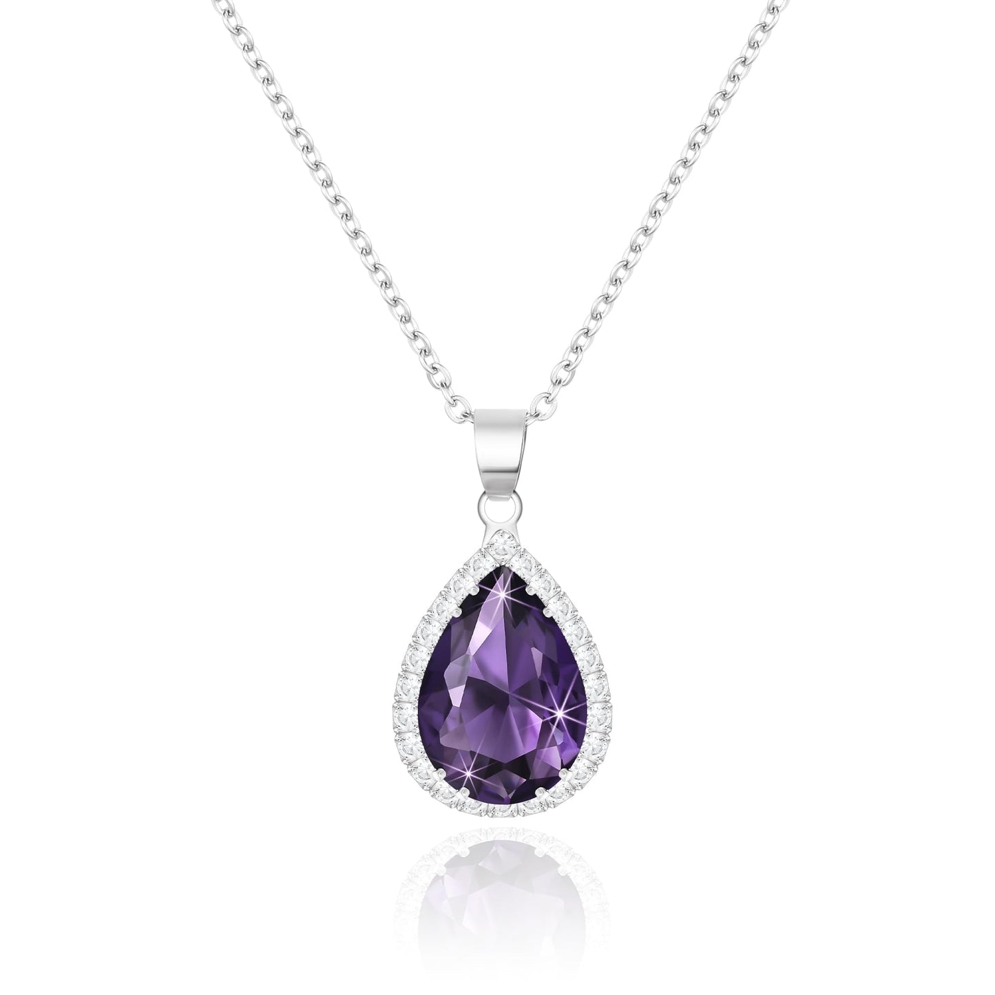 Linawe Amethyst Crystal Silver Chain Necklace for Women Trendy, Purple Imitation Diamond Cubic Zirconia Rhinestone Birthstone Pendant Teardrop Necklace, Moissanite Boho Jewelry