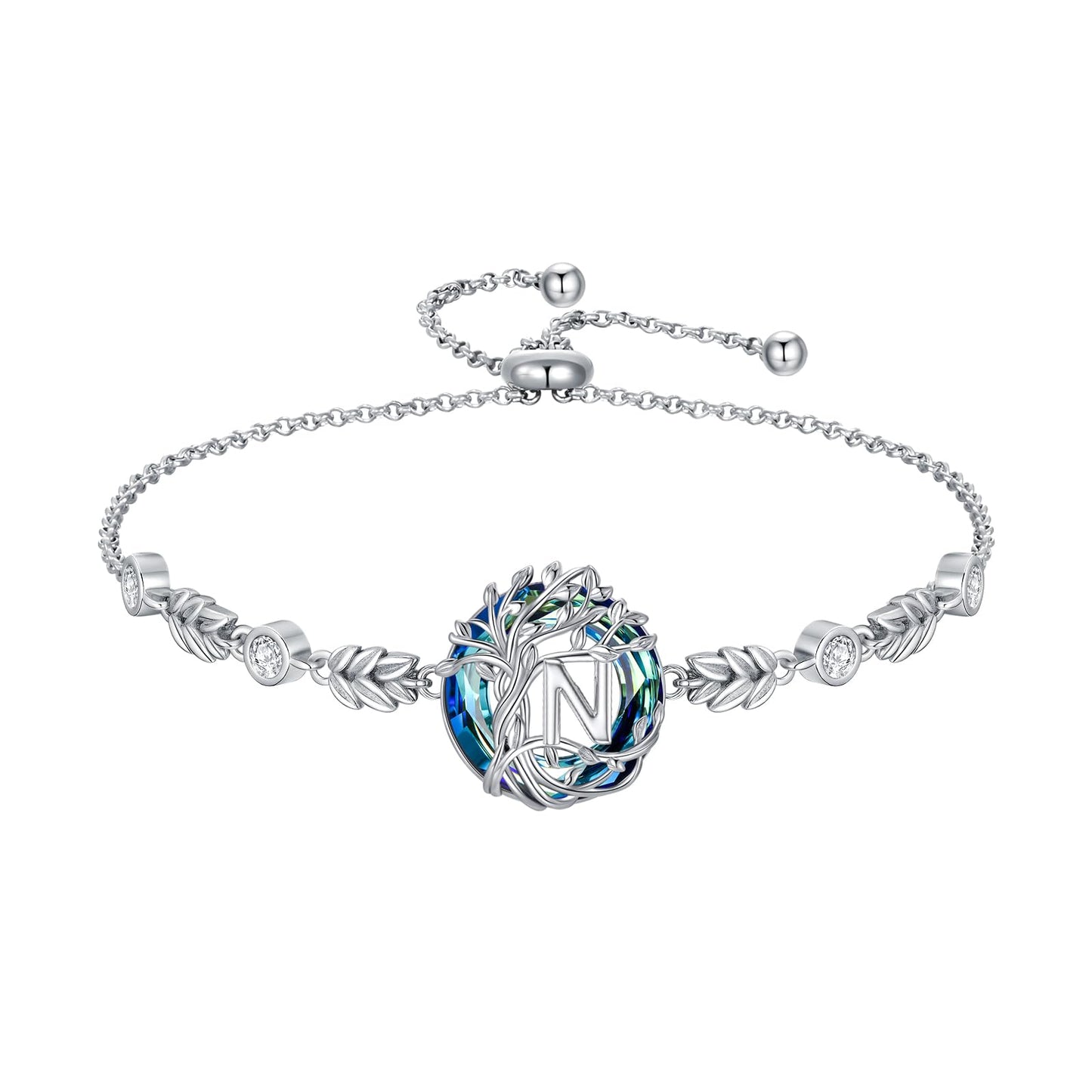 TOUPOP Tree of Life Initial Bracelet Sterling Silver Initials N Letter Link Bracelets Blue Circle Crystal Family Tree Birthday Mothers Day Jewelry Gifts for Women Mom Wife