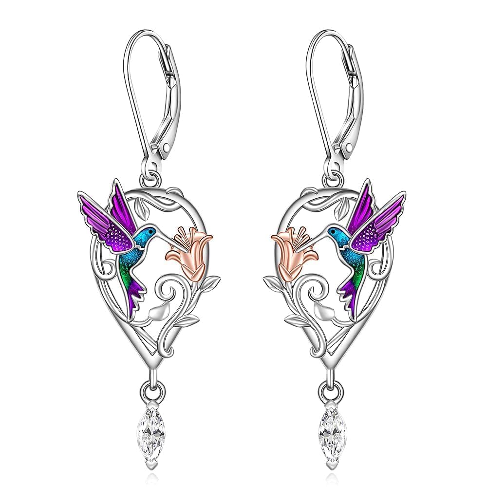 Hummingbird Earrings Purple Hummingbird Earrings for Women Sterling Silver Flower Teardrop Zircon Dangle Bird Jewelry Memorial Mothers Day Christmas Healing Gifts